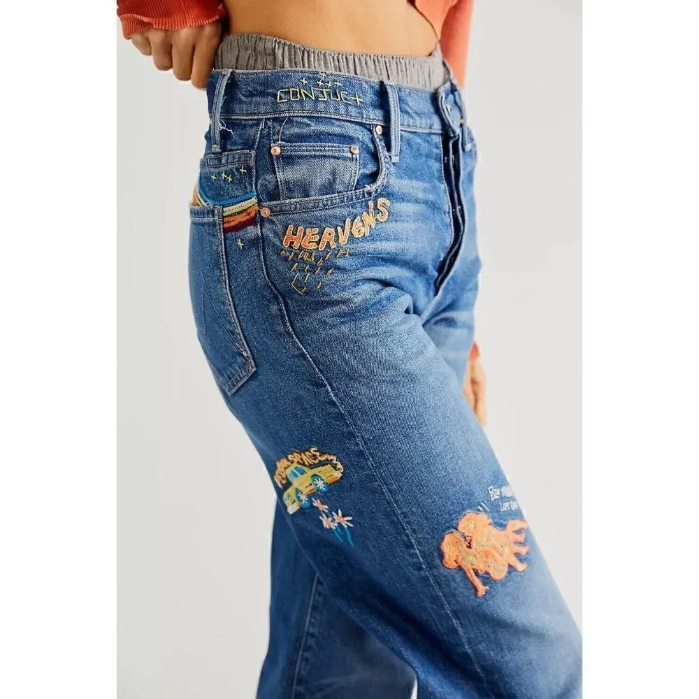 NWT MOTHER THE RAMBLER SNEAK IM RUNNING WITH SCISSORS PATCHES BLUE
